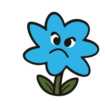 Blue flower character vector with sad expression retro style design.
