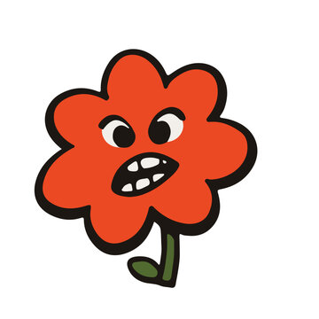 Red flower character vector with expressive vintage cartoon floral style.