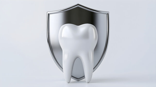 Clean 3D render of a healthy white human tooth protected by a shiny metallic shield representing dental care insurance sensitive enamel safety and protection