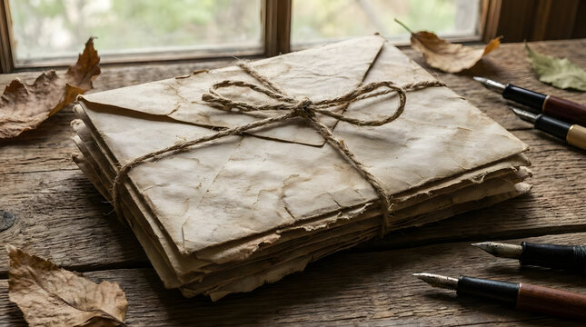 Stack of old letters tied with twine near window with pens and autumn leaves
