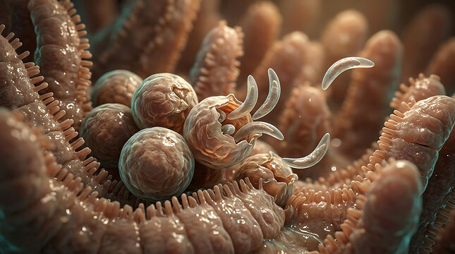 Microscopic view of parasitic protozoa emerging from cells in human intestinal tissue