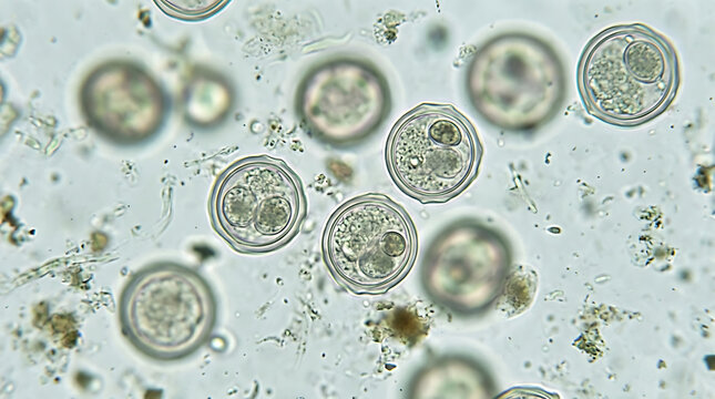 Microscopic view of eimeria oocysts showing parasitic protozoa cells in high magnification detail
