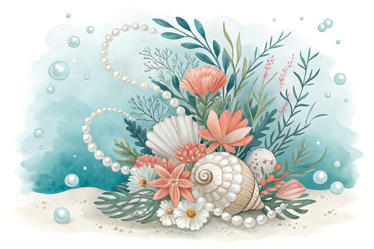 Sea blossom bouquet with pearls, elegant watercolor illustration featuring shells, coral flowers, and pearl accents.