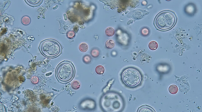 Microscopic view of parasitic worm eggs and red blood cells in a clinical laboratory sample analysis