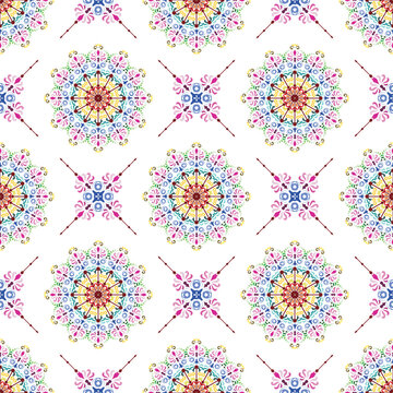 seamless floral pattern. A beautiful seamless pattern with intricate purple and blue floral mandalas and decorative linear accents.