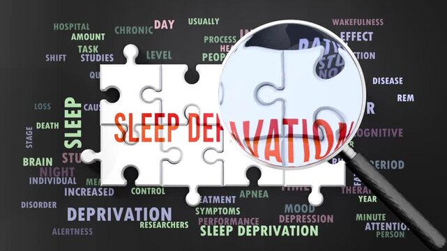Sleep Depravation under magnifying glass, being researched, studied and examined. Most important subjects and ideas closely related to sleep depravation written around a puzzle.Can be looped.