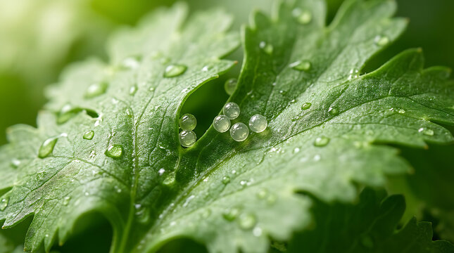 Fresh green herb leaf with small insect eggs and morning dew drops in a macro close up nature shot