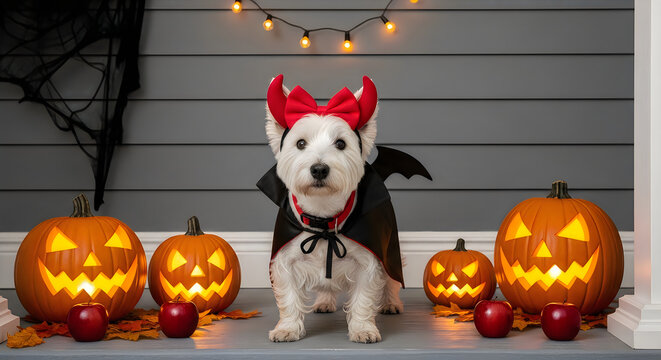West highland white terrier puppy wearing devil costume with halloween pumpkins and decorations