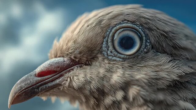 Close up of a birds head with detailed feathers and eye against sky