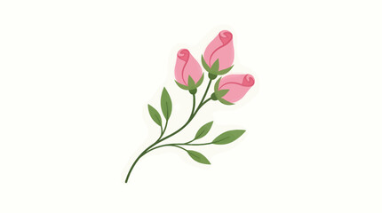 Fototapeta premium Vector illustration of three delicate pink rose buds on a green stem with leaves, isolated on a light cream background, flat design style, elegant floral graphic