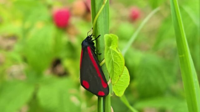 A red and black moth clings to a green stem swaying gently in the wind.