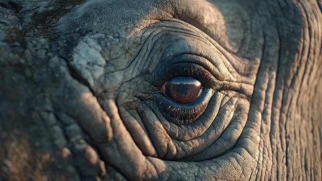 Close up of a rhinoceros eye showing detail of skin texture and eye