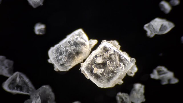 Microscopic view of table salt crystals with focus pull on black background, macro. 