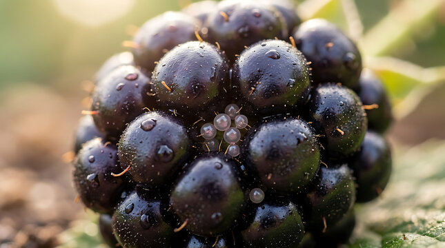 Macro close up of a ripe blackberry with tiny insect eggs nestled among dark juicy fruit drupelets