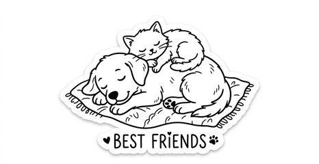 Cat and dog sleeping together in line style. Illustration of a cute cat sleeping on the back of a cute dog in line style. Cute sticker