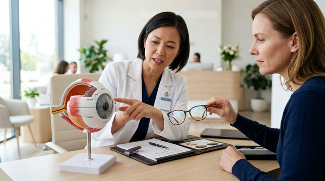 Ophthalmologist explains eye anatomy to patient with glasses, model of human eye.