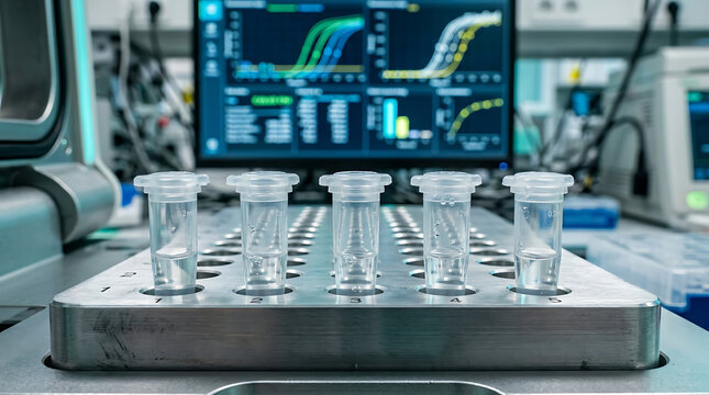 Laboratory pcr test tubes aligned in a metal rack with digital data analysis screen in the background