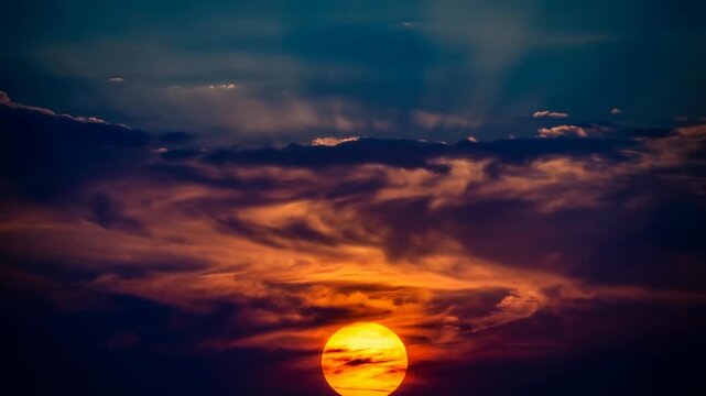 Low angle timelapse sun on blue sky concept. Vibrant sunset with dramatic clouds and golden sun rays over dark horizon sky