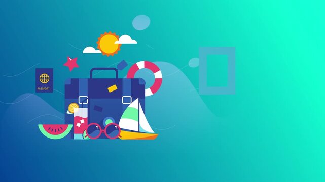 Summer Travel Concept with Suitcase and Vacation Elements.