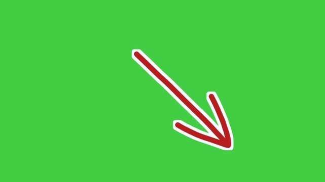Arrow diagonal left down pointing animation green screen motion graphics with white outline .Arrow gently bounces and pulses to attract attention, ideal for highlighting important elem