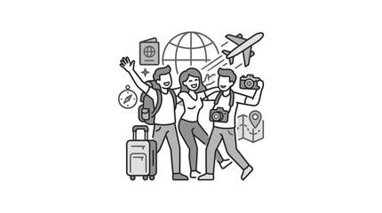 Obraz premium Corporate of Excited Travelers with Luggage Passports and Camera Gear in Monochrome Style with high quality professional line art symbols for modern creative design and digital branding projects