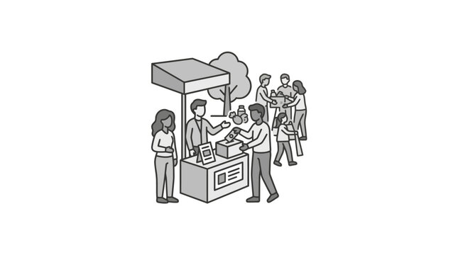 Sleek Monochrome of Community Voting Booth with People Participating in Election Process with high quality professional line art symbols for modern creative design and digital branding projects