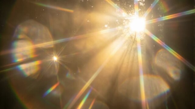 Low angle timelapse sun on blue sky concept. Sunlight shining through trees with natural lens flare and warm golden rays in forest nature