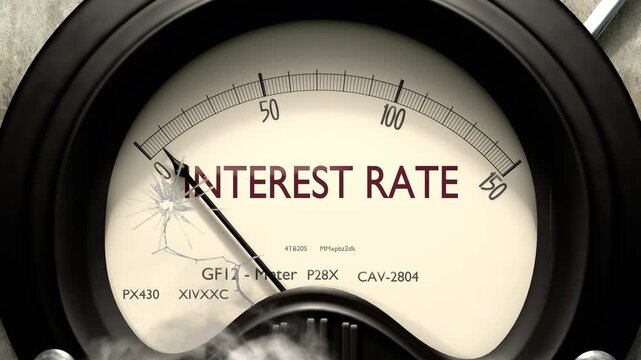 Interest rate meter showing low levels of interest rate. Minimum and decreasing interest rate value, below the norm. Lack of interest rate. None of it, insufficient.