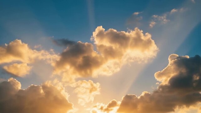 Low angle timelapse sun on blue sky concept. Beautiful golden sunset sky with glowing clouds and sun rays shining through a peaceful blue atmosphere