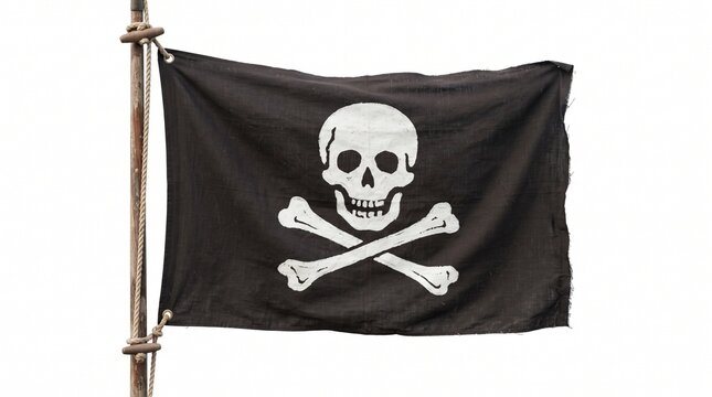 Pirate flag with skull and crossbones on flagpole, black jolly roger banner isolated on white background, nautical pirate symbol for adventure