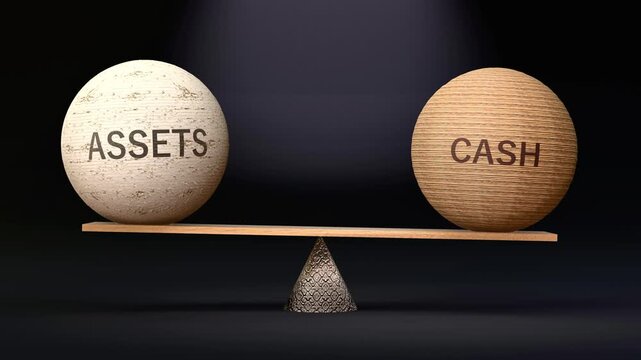 Assets and Cash in balance - balancing spheres on a scale symbolizing harmony, equity and equilibrium between assets and cash. Harmonious and beneficial situation. Made by human for humans