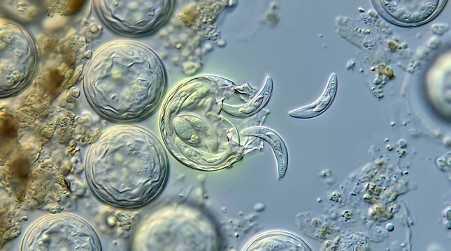 Microscopic view of parasitic protozoa releasing crescent shaped spores in a laboratory setting
