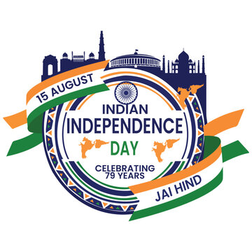 A vibrant Indian Independence Day logo with a blue, orange, and green color scheme, celebrating 79 years of freedom.