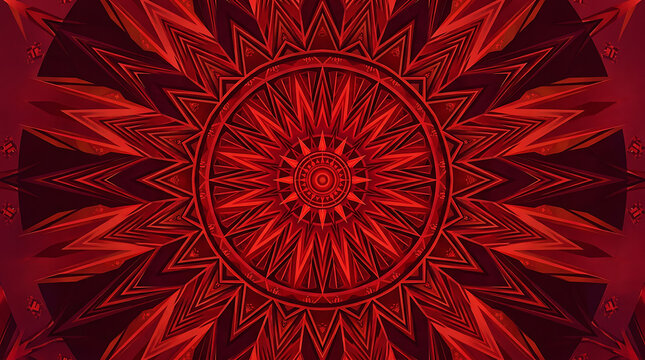 Red geometric mandala pattern with vibrant circular design and symmetrical lines