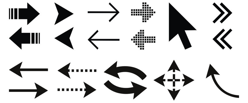 A collection of various black arrow icons on a white background for navigation and direction