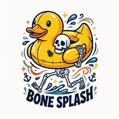 Naklejka premium Skeleton wearing yellow rubber duck pool floatie running on water