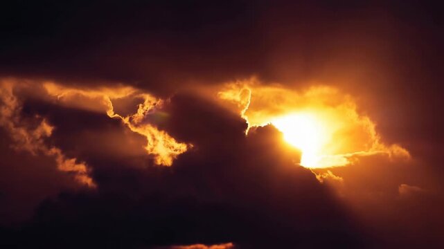 Dramatic bright sunset with golden clouds lighting up the sky over a dark horizon