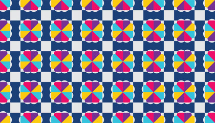 Fototapeta premium Abstract geometric seamless pattern with four-petal heart flower ornaments. Modern mid-century vector background with colorful floral shapes on checkerboard grid for packaging design.