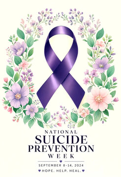Beautiful watercolor awareness ribbon surrounded by flowers for suicide prevention week design