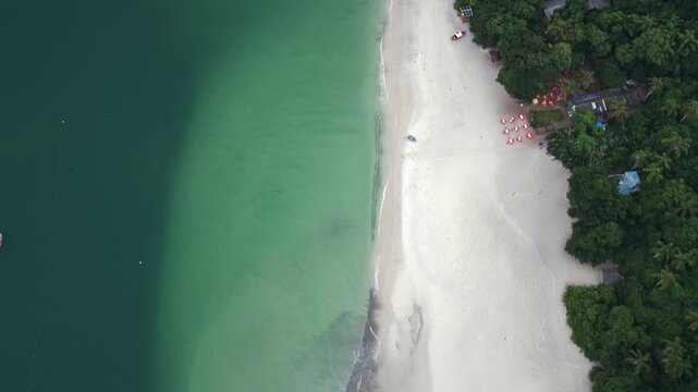 Tropical beach with white sand, crystal clear water, palm trees, and hidden jungle resorts in Brazil. Top down aerial clip.