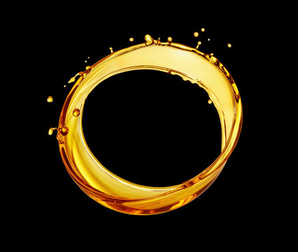Circular splashes of oil liquid isolated on a black background. Generative AI