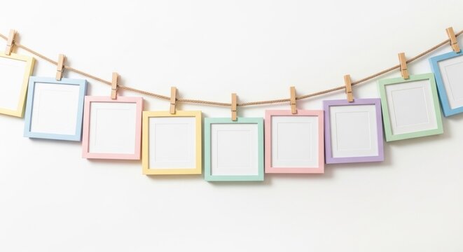 Hanging blank square photo frames on string.