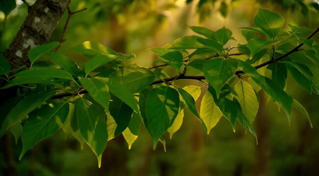 Lush green leaves backlit by golden sunlight creating a vibrant natural forest scene