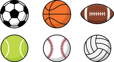 Obraz premium Set of various sports balls including soccer basketball football tennis baseball and volleyball in flat vector illustration