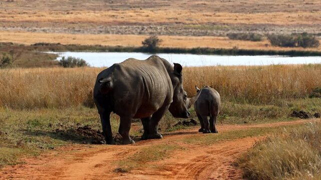 Female white rhino marks territorial midden while walking with young calf