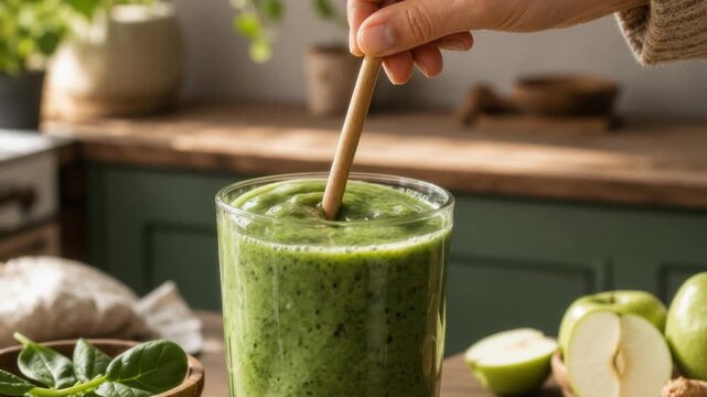 Healthy green smoothie in glass with fresh spinach apple and natural kitchen background