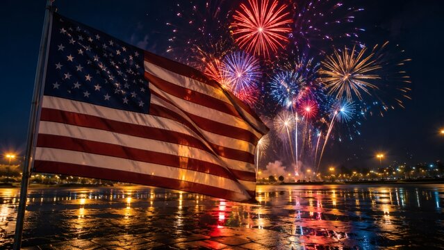 American flag waving proudly against a night sky filled with vibrant colorful exploding festive firework displays