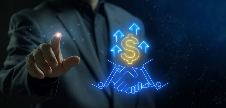 Businessman's finger pointing at glowing handshake with gold dollar coin and upward growth arrows icon. Dark cyber neon blue lighting, strategic financial partnership and investment success concept.