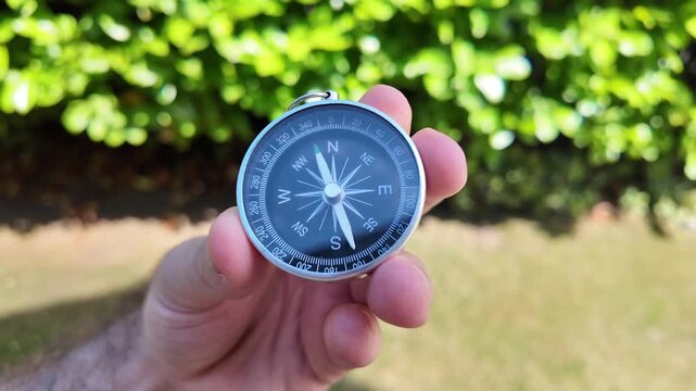 Handheld Compass on Green Woodland Trail
