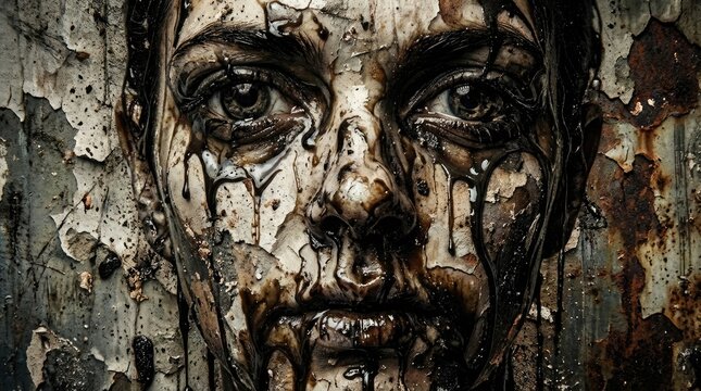 Abstract trippy background with melting eyes concept. A thought-provoking portrait revealing deep emotions and struggle.